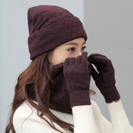Scarves 3 PiecesSet Winter Women Hats Gloves Kit Fashion Knitted Plus Velvet Hat Scarf Set for Female Beanies 231012