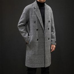 Men's Wool Blends Houndstooth Woolen Mid Long Coat Jacket Brand Winter Warm Elegant Clothing Stylish Casual Daily British Style Overcoat 231011