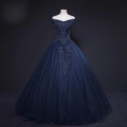 Elegant Navy Prom Dress Off Shoulder Lace-up Back Floor Length Tulle with Applique Beading Party Evening Gowns