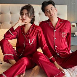 Women's Sleepwear Casual Solid Satin Couple Long Sleeve Shirt Pants Pajama Set Spring Autumn Women Men Homewear Loungewear