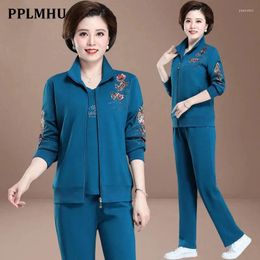 Women's Two Piece Pants Spring Autumn Embroidered Tracksuit 3 Set Women Outfit Casual Zip Up Jacket T-Shirt Suit Conjunto Femenino 2023