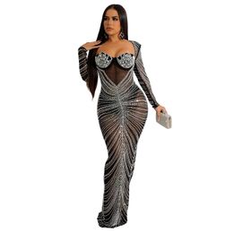 Glitter Mesh See Through Party Maxi Dress For Women Fashion Full Sleeve Bodycon Sexy Club Long Evening Dress Vestido