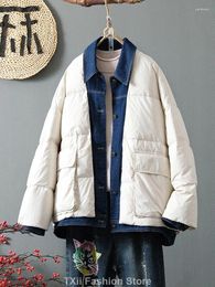 Women's Trench Coats TXii Winter Women Denim Patchwork Retro Down Coat 90% White Duck Jacket 2023 Loose Snow Outwear