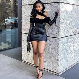 Casual Dresses Faux Fur Spliced PU Leather Bodycon Mini Dress Women Sexy Slash Neck Off Shoulder Lace Up Long Sleeve Slim Club Party