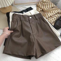 Women's Shorts Black One Button High Waist Solid Colour A-line Wide-leg Women Autumn Korean Wild Thin Casual PU Leather Lady