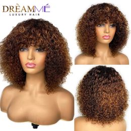 Synthetic Wigs Jerry Curly Short Pixie Bob Cut Human Hair Wigs With Bang Honey Blonde Ombre Colour Non lace front Wig For Black Women Remy Hair 231012