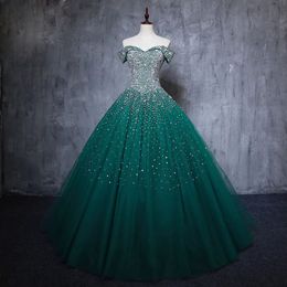 Hunter Prom Dresses Evening Dress Ball Gown Off Shoulder Sleeveless Shining Sequins Floor Length Runway Party Dresses Real Pictures