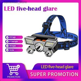 Head lamps Led Five Head Headlight Strong Light Super Bright Rechargeable Fishing Lamp Long Range Head Mounted Mine Lamp Flashlight Q231013