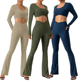 Active Sets Curved Hem Yoga Crop Top Hollow Back Long Sleeve T-Shirts High Waisted Flare Leggings Two Piece Set Women Clothing