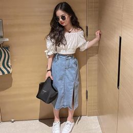 Clothing Sets Teen Girls Denim Skirts Clothes Set Summer Shouldless White Shirt Fashion Outfits For Size 8 10 12 13 14 GirlClothin276b