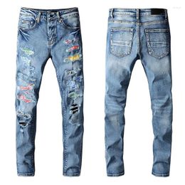 Men's Jeans American Fashion Streetwear Slim Fit Light Indigo Denim Pants Distressed Baggy Bandana Hole Rib Skinny Stretch Ripped Men