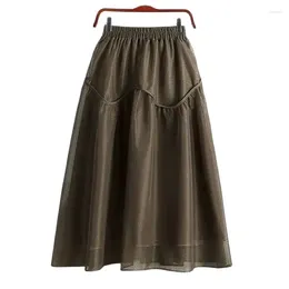 Skirts Fashion Brown Mesh Fat MM Women's Skirt Summer Medium Long Loose Tight High Waist A Word Umbrella Pleated Lady Swing