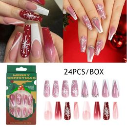 False Nails Long Christmas 24PC Press On Snowflake Artificial Fake Ballet Nail Extension DIY Manicure Full Cover