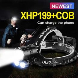 Head lamps Newest XHP199 2COB Powerful Led Headlamp XHP160 High Power Head Flashlight Rechargeable Head Lamp Lights Headlight 18650 Lantern Q231013