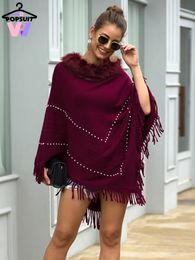 Shawls In Autumn Winter Women Sweater Cloak Fashion Loose Tassel Beading Shawl Coat Vintage Faux Fur Collar Streetwear Warm Cape 231012