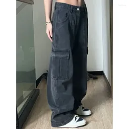 Women's Jeans Multi-Pocket Grey Vintage Streetwear Korean Y2K Baggy Cargo High Waist Straight Wide Leg Pants Denim Trousers