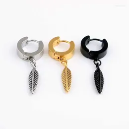 Hoop Earrings Fashion Men Women Feather Silver Color Gold Black Titanium Leaf Charm Small Huggie Jewelry