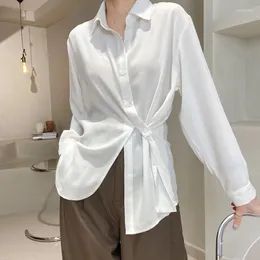 Women's Polos Casual Solid Colour T-shirt Korean Style Elegant Female Vintage Loose Irregular Design Shirt Fashion White Top Blouse