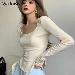 Women's T Shirts Long Sleeve T-shirts Women Crop Sexy Tops Side-slit O-neck Streetwear European Style All-match Vintage Autumn Club Leisure