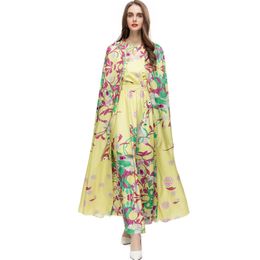 Women's Runway Dresses O Neck Sleeveless Printed Elegant Vestido with Long Floral Cape Outerwear