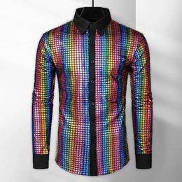 Men's Dress Shirts Men Shirt Shiny Sequin Stand Collar Single-breasted Turn-down Long Sleeve Club Dance Disco Stage Performance Vintage Top