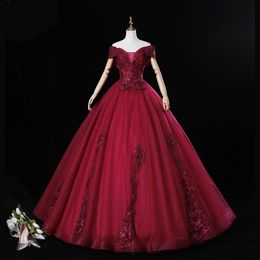 Dark Red Prom Dress High Waist Elegant Evening Dress Quinceanera Tulle with Applique Beads Sequins