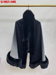 Shawls 5 Colors Women Big Faux Rabbit Fur Collar Poncho Gradient Cape Knitted Cardigan Cloak Loose Shawl Outside Street Wear Coat 231012