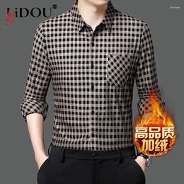 Men's Casual Shirts 2023 Autumn Winter Plaid Printing Fashion Turn-down Collar Shirt Man Loose Button Plus Velvet Warm All-match Cardigan