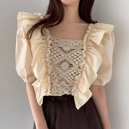 Women's Blouses Square Neck Elegant Summer Lace Blouse Sweet Crochet Puff Short Sleeve Tops 2023 Casual Ruffled Design Sexy Shirt 27104