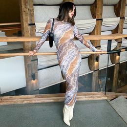 Mesh Print Long Sleeve Bodycon Maxi Dress For Women 2023 Autumn Winter New O Neck Printed Party Sexy Long Dress Elegant