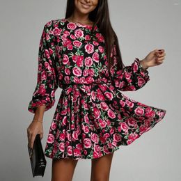 Casual Dresses Women Autumn Winter Long Sleeve Round Neck Floral Print Waist Loose Lace Up A-line Mini Dress