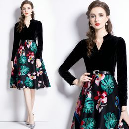 Boutique Women Printed Dress Long Sleeve Autumn Winter Colour Splicing Floral Dress High-end Elegant Lady Dresses OL Runway Desses