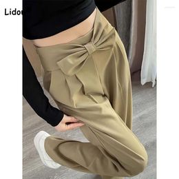 Women's Pants Casual Solid Color Stylish Bow Spliced Suit Summer Clothing Loose All-match High Waist Straight Trousers Female