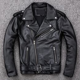 Men's Leather Faux Spring Classical Motorcycle Oblique Zipper Jackets Men Natural Calf Skin Thick Slim Cowhide Moto Biker Man 231012