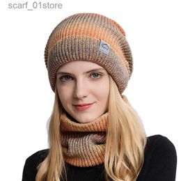 Hats Scarves Sets Winter Women Beanies Snood Sets Gradient Color Knitted Hat Warmer Fashion Outdoor Windproof Thicken Tie e Scarf Hat For WomenL231113