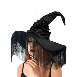 Stage Wear Halloween Pleated Witchcap Vintage Black Witch Hat with Large Brims Women Witch Cos-play Costume Hat Party Cap Headwear