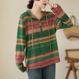 Women's T Shirts 2023 Spring Autumn Fashion Women Long Sleeve Hooded Loose Tee Shirt Femme Tops Casual Striped Vintage T-shirt P213