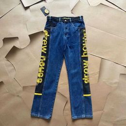 DREW smiley face HOUSE JUSTIN BIBER unisex embroidered torn hole jeans with splashed ink patch Canned Top Quality Dre Same Wash Basket Panel Letter Straight Leg
