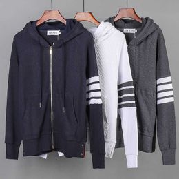 Waffle four stripe sweater Men's hooded cardigan Korean fashion sports casual coat ins top