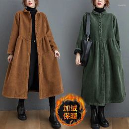 Women's Trench Coats Corduroy Windbreaker Mid-Length Autumn And Winter Large Size Plus Velvet Thick Loose Casual Jacket Trend