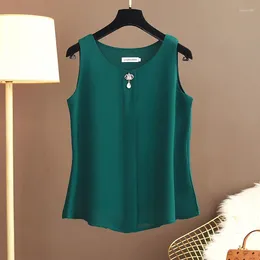 Women's Blouses Summer Ladies Chiffon Vest Shirt Round Neck Solid Colour Sleeveless Top Oversized Loose Fashion Brand Small