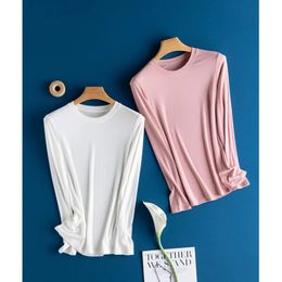 Women's T-Shirt Women Mulberry Silk Bottoming T-shirts Round Collar Rib Knit Long Sleeve Solid Soft T-shirt Classic Knitwear Tops 231011