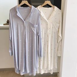 Women's Sleepwear QWEEK Modal Shirt Cardigan Soft Basic&Casual Knee-length Night Dress Loungewear Korean