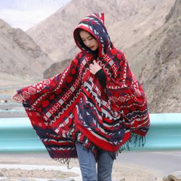 Shawls Women Autumn Winter Faux Cashmere Out Streetwear Midlength Thick Poncho Shawl Hooded Big Pendulum Loose Cloak Coat T177 231012