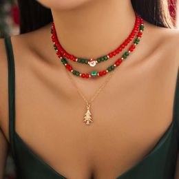 Pendant Necklaces Korean Cute Red/Green Crystal Beaded Clavicle Necklace Fashion Metal Christmas Tree Snowman Jewelry