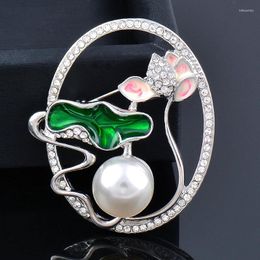 Brooches SINLEERY Pink Green Enamel Lotus Pearl Women Pin Party Wedding Accessories Fashion Jewellery