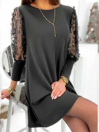 Urban Sexy Dresse Fashion O Neck Straight Mini Dresses Spring Summer Mesh Sleeve Embroidery Lace Party Dress Patchwork Ladies 231011