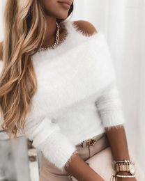 Women's Sweaters Top Women 2023 Sweater For Warm Knitted Cold Shoulder Long Sleeve Fluffy Casual Lady Chic Pullover