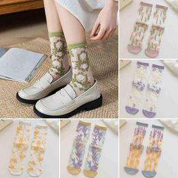 Women Socks Ultra-thin Transparent Crystal Silk Fashion Summer Crew Retro Flower Streetwear Elastic Short Female Sox