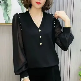 Women's Blouses Office Lady Solid Colour Spliced V-Neck Shirt Casual Loose Chic Pearl Button Spring Autumn Stylish Beading Korean Blouse